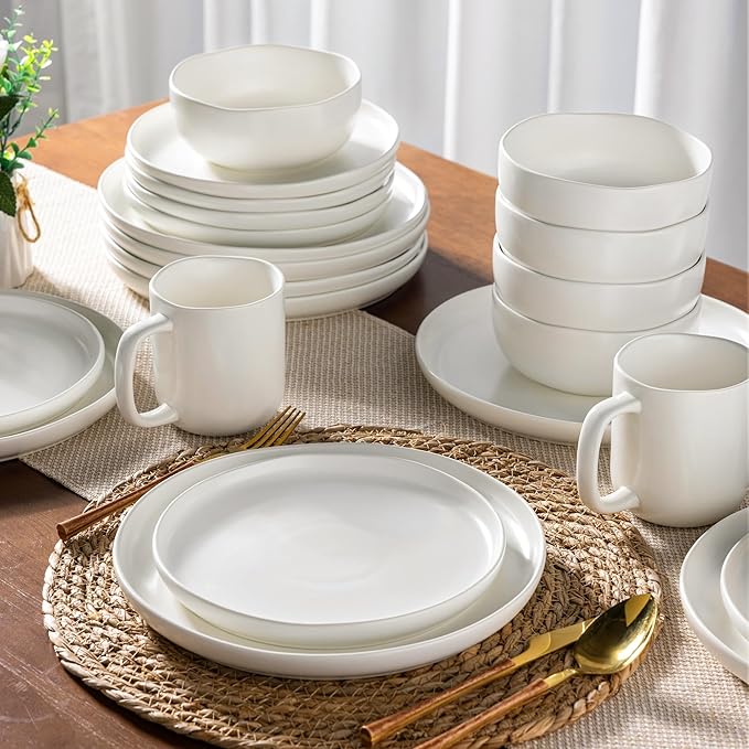 AmorArc Ceramic Dinnerware Sets, Wavy Rim Stoneware Plates and Bowls Sets,Dishwasher & Microwave & Oven Safe Dishes set, Service for 6 (18pc)-Matte White