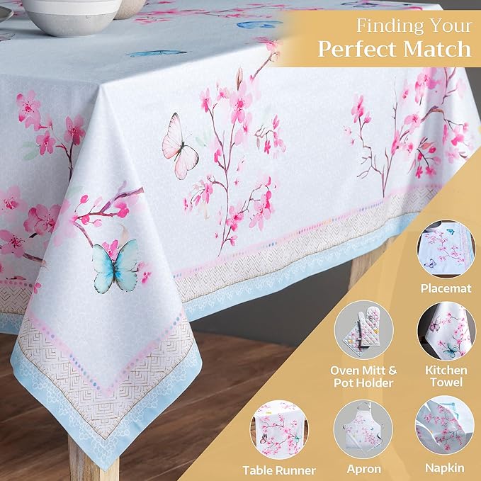 Maison d' Hermine Table Cloth Rectangle Table 100% Cotton 60 x 108 Inches Tablecloth Reusable Decorative for Dining Room Farmhouse Home Valentines Day Decorations Spring Summer - Blossoms in Spring