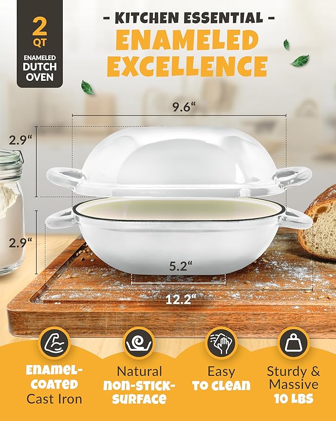 Loaf Pan for Bread Baking - incl. Sourdough Bread-Baking Supplies like Banneton Bread-Proofing Basket - 2QT Enameled Oval Cast Iron Dutch Oven, Bread-Oven, Sour Dough Bread-Banking-Pan Tools