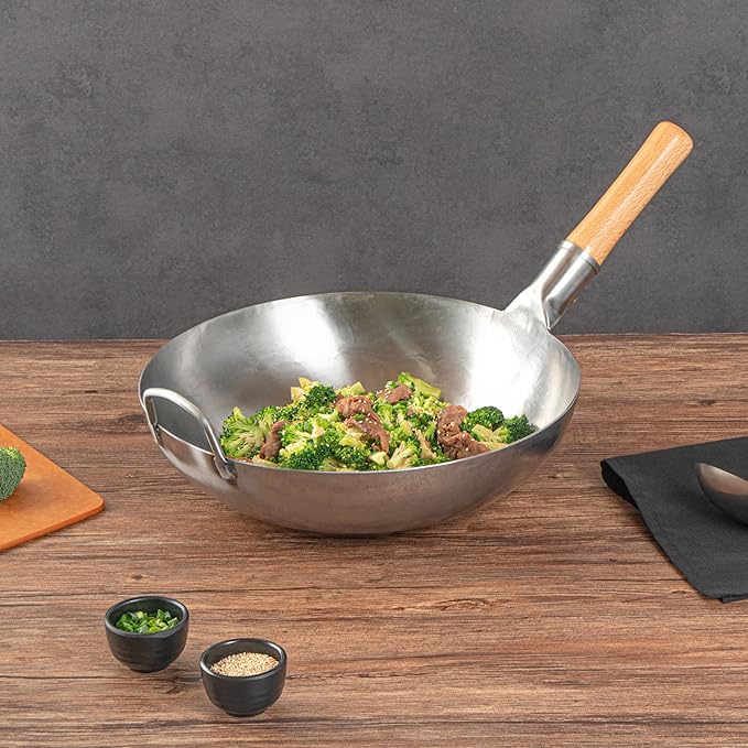Motomori 14 Inch Hand-Hammered Carbon Steel Wok, 10 Traditional Japanese Wok - Flat Bottom, Wooden Handle, Black Carbon Steel Traditional Stir Fry Pan, With Helper Handle - Restaurantware