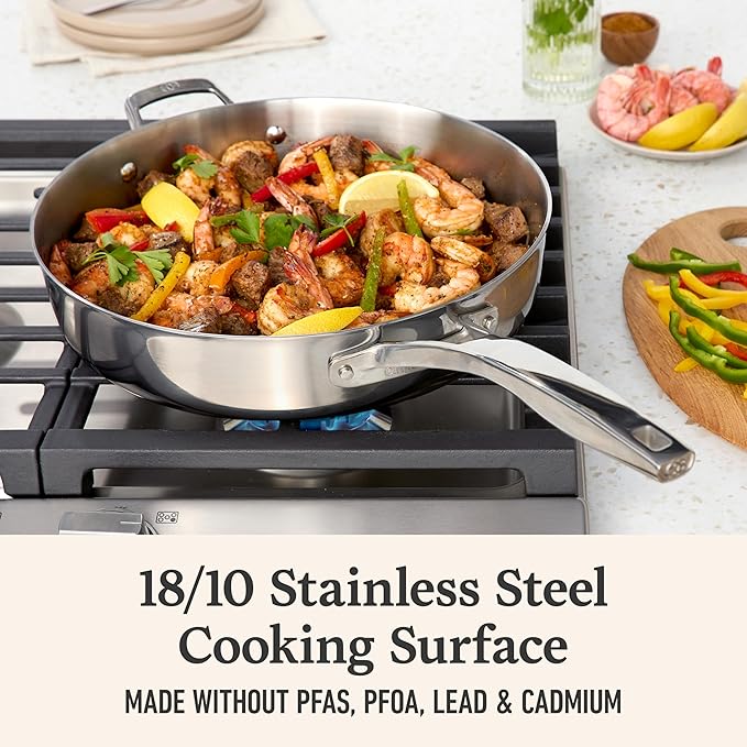 Calphalon Premier Polished 5-Ply Stainless Steel Cookware Set w/Turbo Heat Tech 8 Piece Includes Frying Pans, Pots and Pans Set, Induction, Oven Safe 500F, Silver
