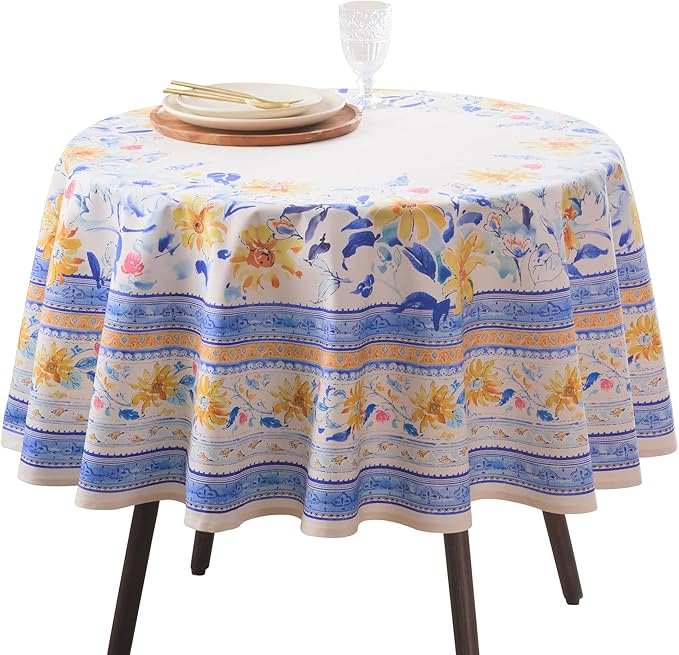 Maison d' Hermine Table Cloth Round Table 100% Cotton 63 Round Inches Tablecloth Reusable Decorative for Dining Room Farmhouse Home Valentines Day Decorations Spring Summer - Girassol