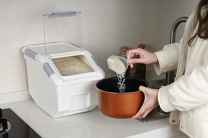 EonTone Pack-2 Grain Storage Container 10 Liter (20 lbs) with Lockable Lid Wheels and Measuring Cup BPA-Free Food Dispenser
