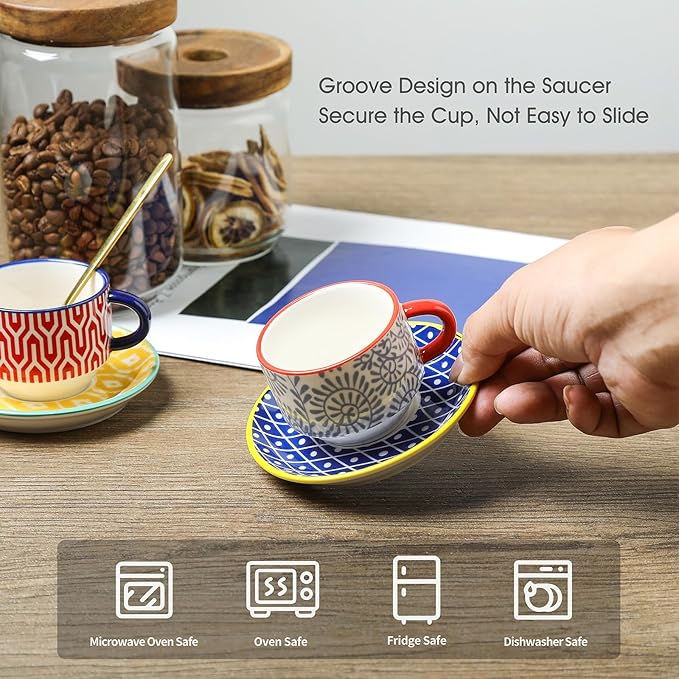 Selamica Ceramic Espresso Cups with Saucers and Metal Stand, 4 OZ Stackable Demitasse Cups for Latte Coffee Café Mocha Tea, Set of 4, Assorted Colors