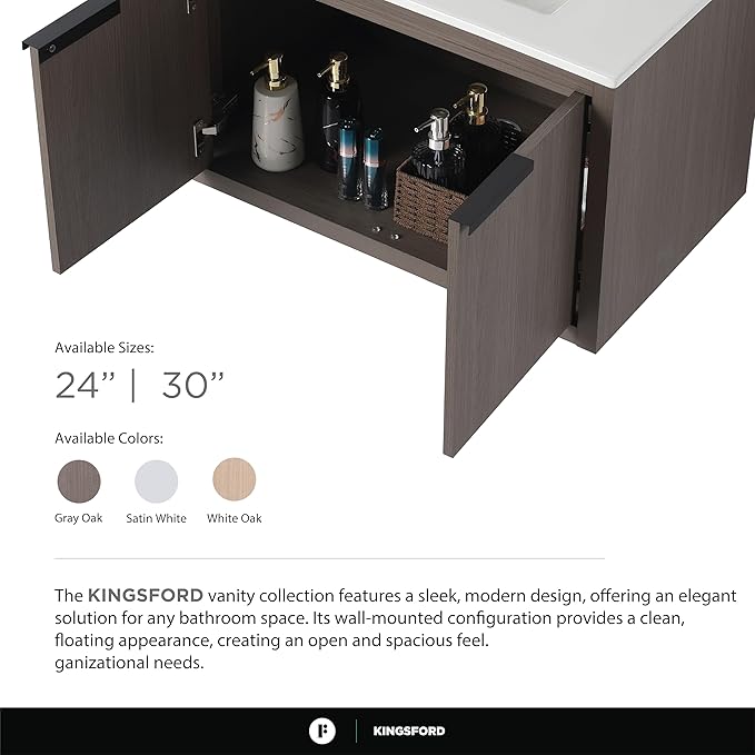 Fine Fixtures Kingsford Modern 24 Inch Bathroom Vanity with Sink, Gray Oak Finish, Elegant Bathroom Vanities for Modern Homes, Stylish Storage Solutions for Bathrooms