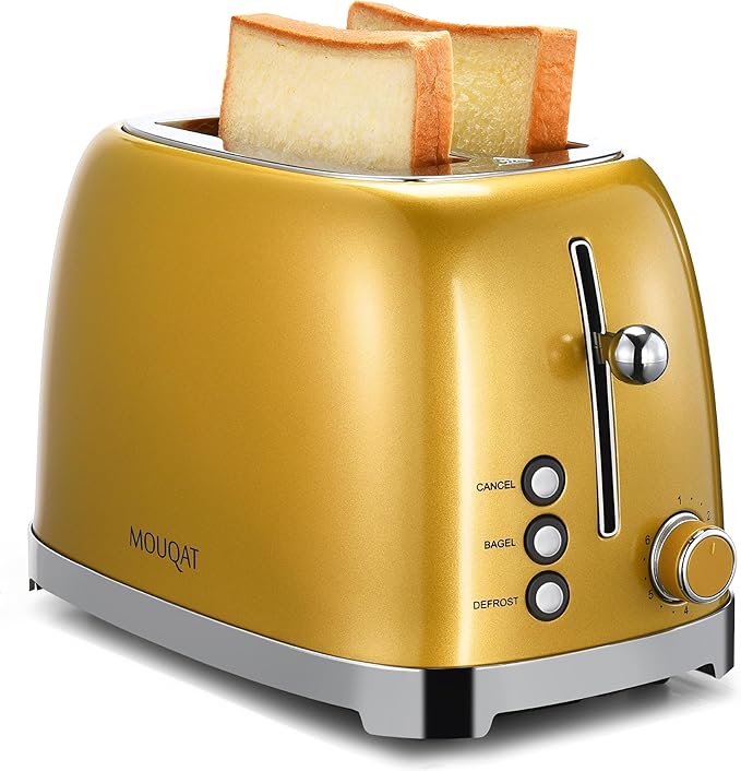 Gold 2 Slice Toaster, Wide Slot Stainless Steel, 6 Shade Settings, Bagel, Defrost & Cancel Functions, Removable Crumb Tray, Different Toast Sizes, Cord Wrap, 825w