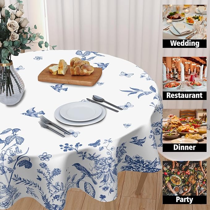 Spring Blue White Floral Round Tablecloth 70 Inch Summer Chinoiserie Flower Bird Circle Table Cloth Rustic Farmhouse Table Cover for Party Kitchen Dinner Home Decor