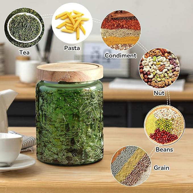 Vintage Glass Jar with Lid, Cookie Candy Jar Coffee Canister Food Storage Containers Set for Kitchen Office (Green Acacia)
