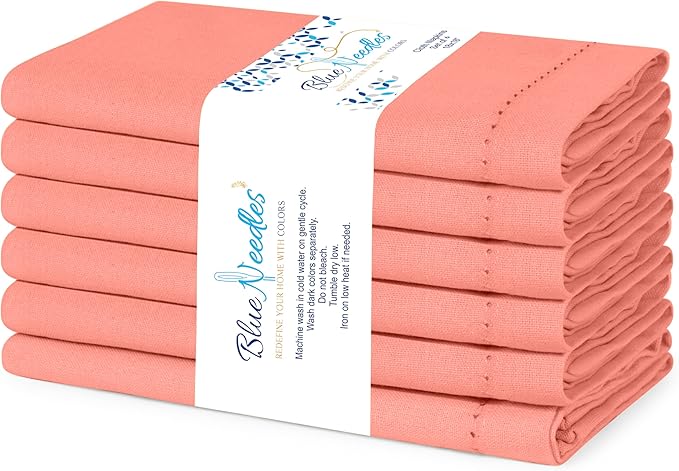 Blue Needles Set of 6 Hemstitch Linen Napkins 100% Cotton Salmon Cloth Dinner Napkins 18x18 inches, Soft, Reusable, Absorbent, Washable, Ideal for Wedding Events, Parties & Everyday Use