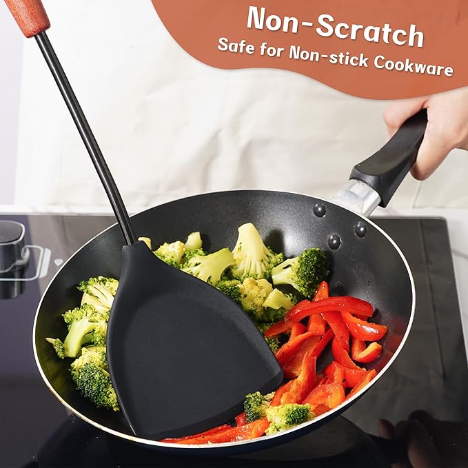 FJNATINH Wok Tools, Wok Utensil,Wok Spatula,Ladle,Skimmer Tool Set,Non Stick Heat-Resistant Silicone Cooking Utensils BPA Free Kitchen Utensils Cookware, Pack of 3,Black