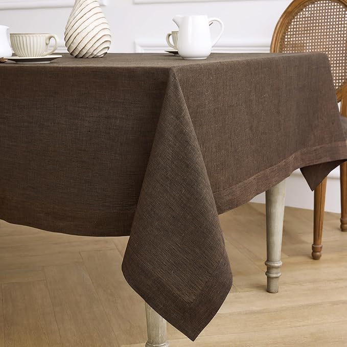 Solino Home Linen Tablecloth 60 x 120 Inch - 100% Pure Linen Chambray Brown Table Cloth for Rectangle Tables - Athena, Machine Washable Tablecloth