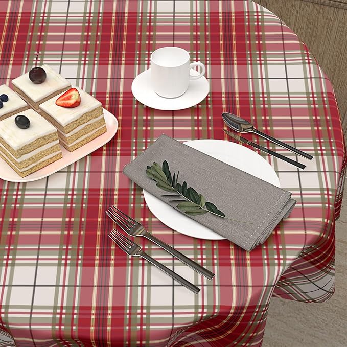 Christmas Tablecloth Round 60 Inch Red and Green Buffalo Plaid Circle Table Cloth Xmas Holiday Checkered Table Cover for Kitchen Dinner Home Decor