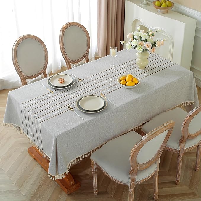 Alsoo Table Cloths Rectangle Table, Waterproof Tablecloth Cotton Linen Table Cloth Wrinkle Free Farmhouse Dining Tables Cover, Soft Fabric Table Cloths with Tassels, Brown Linens, 55" X 55", 4 Seats