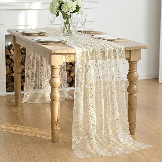 Artoid Mode Beige Gold Gauze Table Runner 59x120 Inch 10FT, Glitter Metallic Foil Sheer Dining Wedding Anniversary Holiday Birthday Table Decor for Home Party
