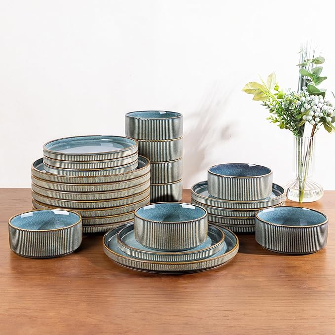 GBHOME 24-Piece Stoneware Dinnerware Set for 8 – Ribbed Ceramic Plates and Bowls, Scratch-Resistant, Microwave & Dishwasher Safe, Reactive Glaze, Deep Ocean