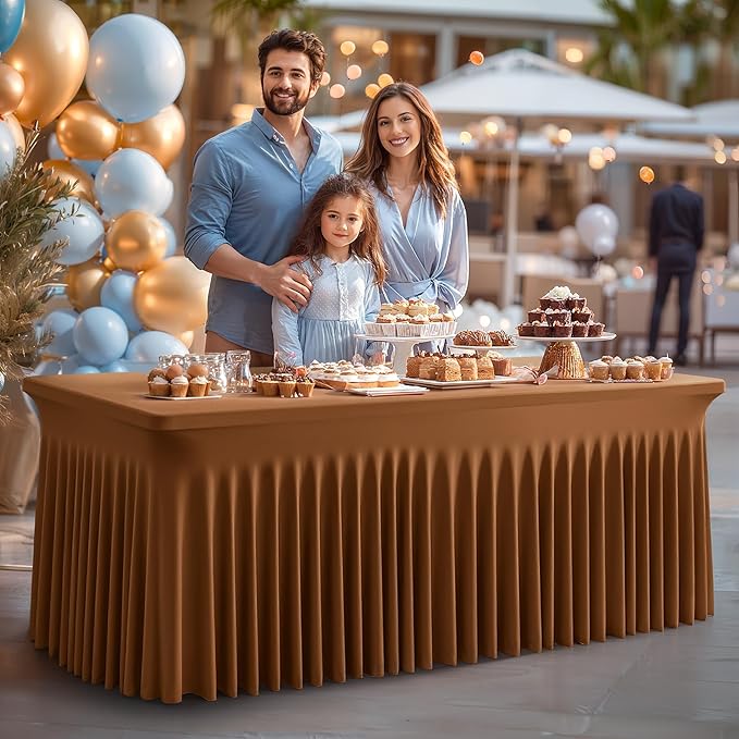2 Packs Brown Spandex Tableclothes for 8 Foot Rectangle Table, Spandex Table Covers 8FT Stretch Table Skirts Wrinkle Free Fitted Table Cloth for Event, Wedding, Banquet & Parties