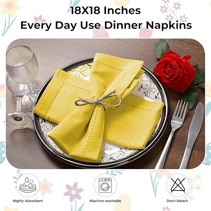 Homidate Cotton Dinner Napkins Set of 12 – 18x18 Sand Yellow with Hemstitched Mitered Corners – Machine Washable Fabric Napkins for Thanksgiving, Weddings & Cocktails