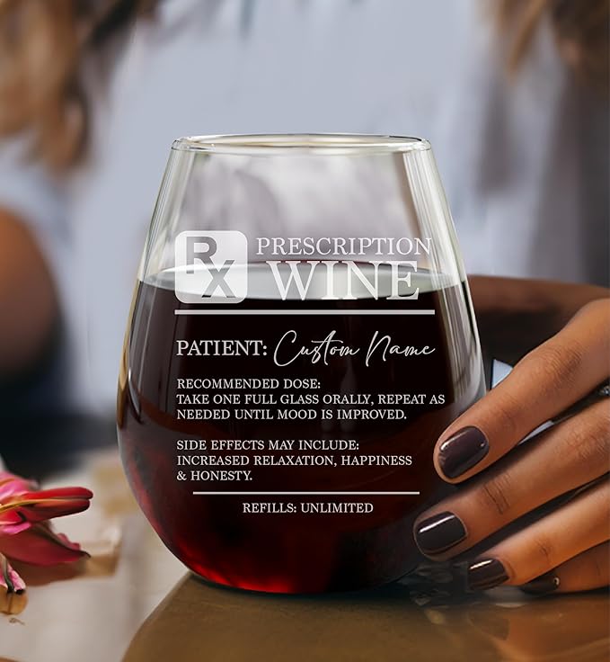 Personalized Prescription Stemless Wine Glass – Funny RX Drinkware for Women, Custom Best Friend Gift, Fun Drinking Gifts for Besties