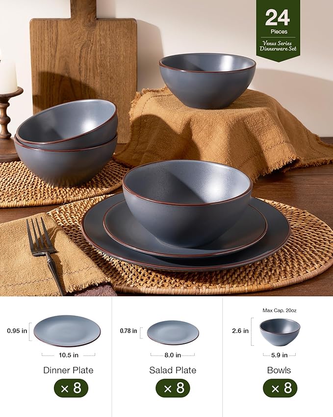 Famiware Venus Ceramic Plates and Bowls Sets, Speckled Dinnerware Dish Sets for 8 (24 Pieces) - Microwave and Dishwasher Safe, Matte Charcoal
