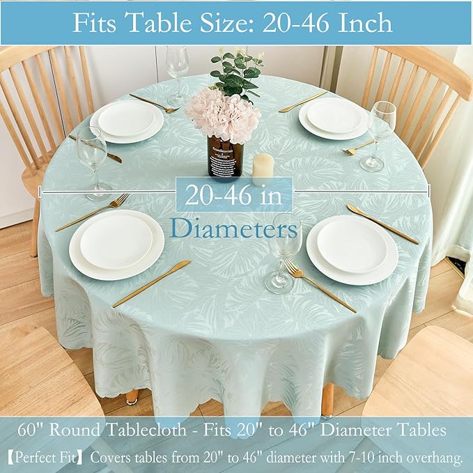 Round Tablecloth 60 Inch Jacquard Table Cloths Waterproof Washable Wrinkle Free Leaves Soft Fabric Tables Cover for 20-48”Table-Dinning Outdoor Birthday Party Kitchen & Linens(Aqua)