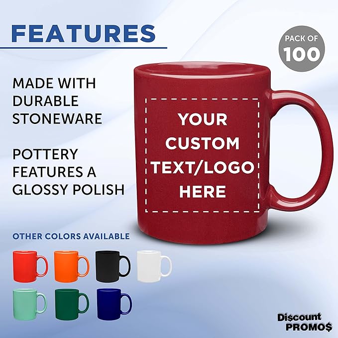 Custom Ceramic Coffee Mugs 11 oz. Set of 100, Personalized Bulk Pack - Coffee cup set, Iced coffee cup, Gaming mug - Red