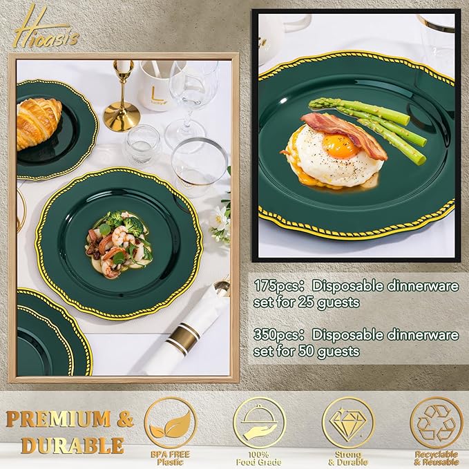 Hioasis 350pcs Green Gold Plastic Plates - Gold Plastic Dinnerware Set Includes 50 Dinner Plates, 50 Dessert Plates, 50 Gold Utensils, 50 Napkins Perfect for Wedding & St. Patrick's Day