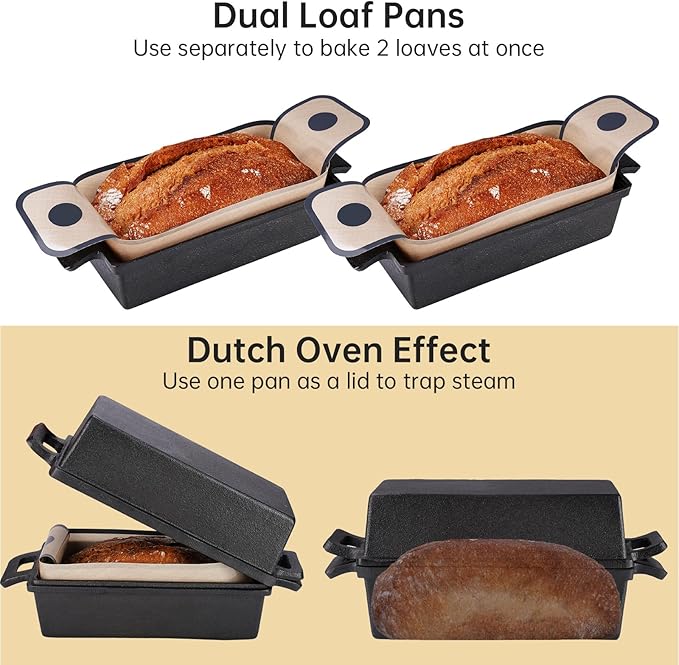 NiHome Cast Iron Bread Pan Set with Lid, 2 Loaf Pans + 2 Silicone Mats + Bread Lame, Heavy-Duty Cast Iron for Even Heat & Crisp Crust, Dual-Pan Design for Covered or Open Baking, Dishwasher-Safe Mats