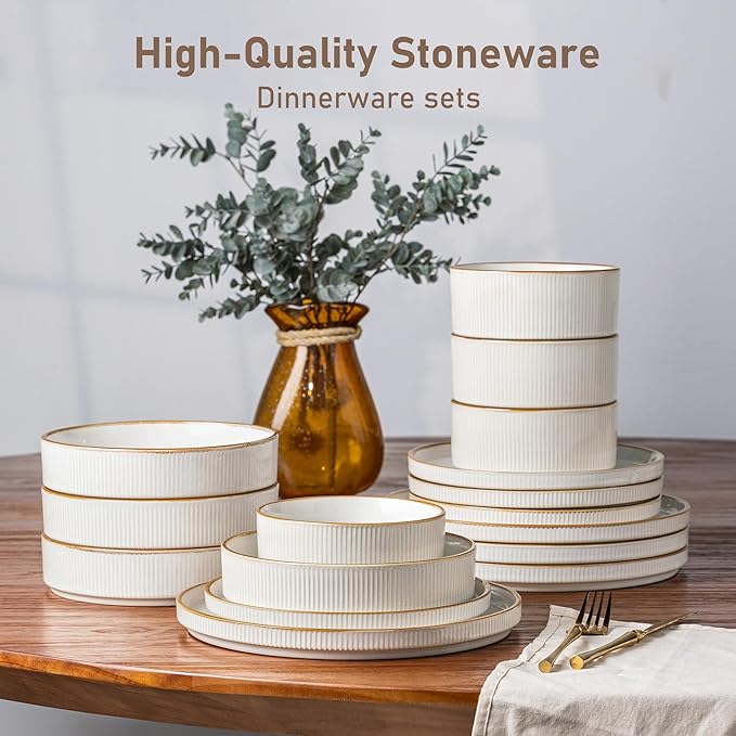 GBHOME 12-Piece Stoneware Dinnerware Set for 4 – Ribbed Ceramic Plates and Bowls, Scratch-Resistant, Microwave & Dishwasher Safe, Reactive Glaze, White with Honey-Brown Edge