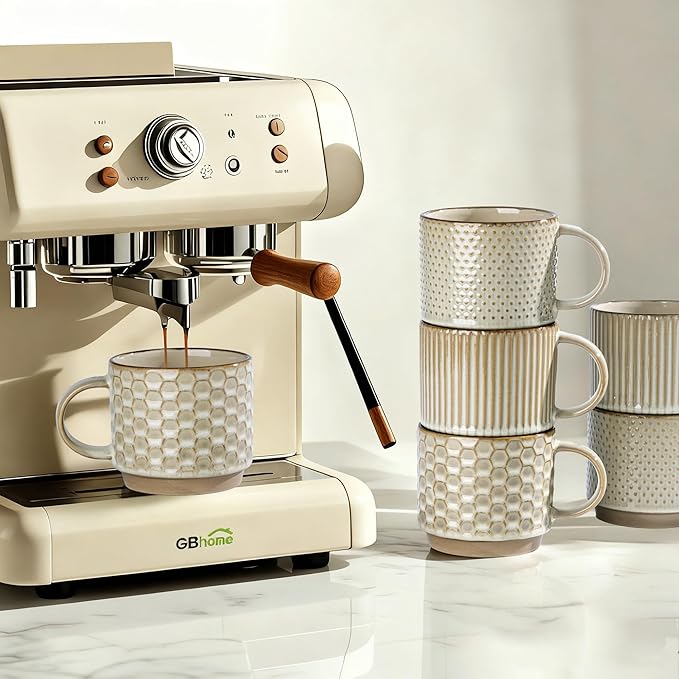 GBhome 12OZ Stackable Coffee Mugs Set of 6, Ceramic Coffee Mugs with Texture Patterns for Man,Woman,Dad,Mom, Modern Coffee Mugs Cups for Latte/Cappuccino/Cocoa. Dishwasher&Microwave Safe, Pale Khaki
