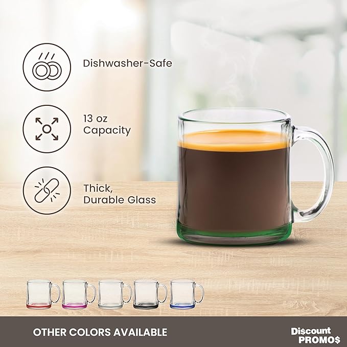 Libbey Clear Glass Coffee Mugs 13 oz. Set of 10, Bulk Pack - Perfect for Coffee, Tea, Espresso, Hot Cocoa, Other Beverages - Green Bottom