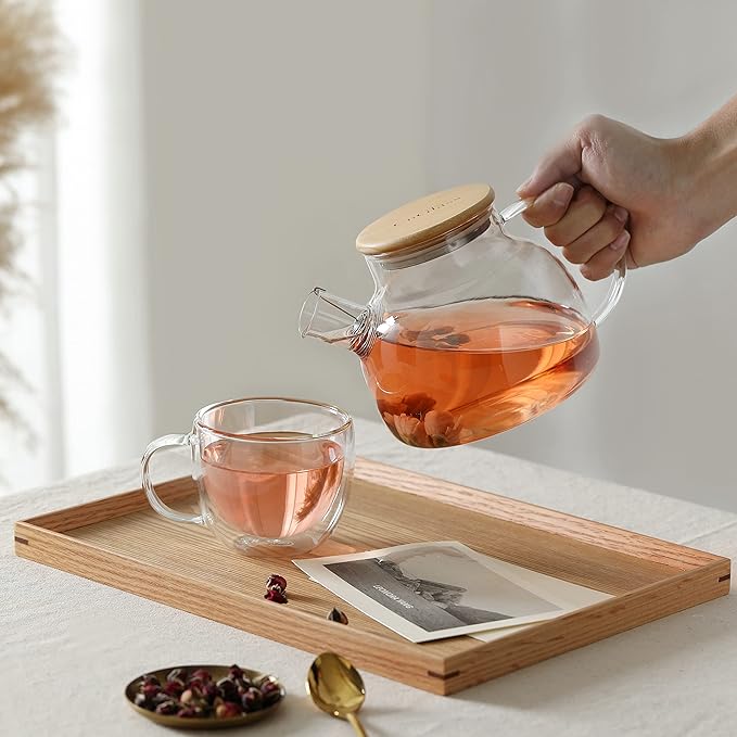 CnGlass Glass Teapot Stovetop Safe,30.4oz Clear Tea pot with Removable Filter Spout,Loose Leaf and Blooming Tea Maker