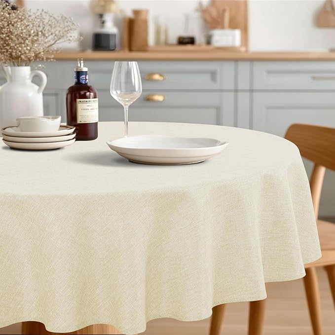 JIUZHEN Faux Linen Round Tablecloths 102 inch, Decorative Wrinkle Free Texture Rustic Circle Table Cloth Cover for Kitchen, Dining, Party, Wedding, Outdoor Use (102 Inch Round,Champagne)