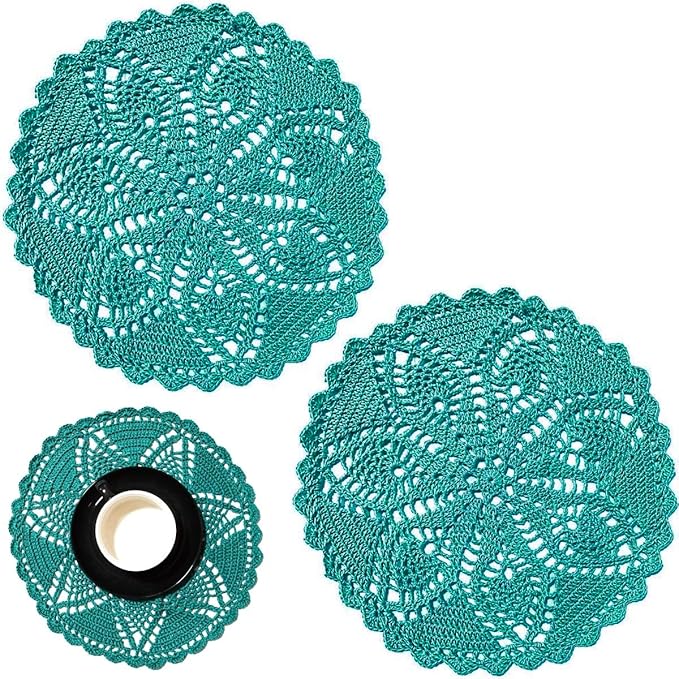 BIBITIME Lace Placemats Table Doilies Round Handmade Crochet Doily Kitchen Cup Mug Mats,Peacock,Pack of 2 PCS