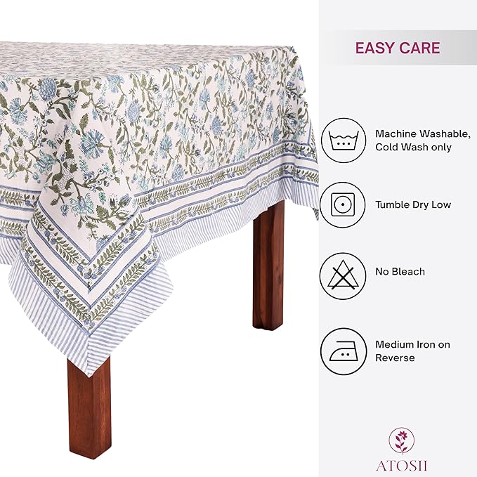 ATOSII Mahoka Blue 100% Cotton Rectangle Summer Tablecloth, Handblock Floral Linen Table Cloth for Kitchen Dining Table I Parties Weddings Outdoors Home Decor 72 X 120 Inches I 10 Seater