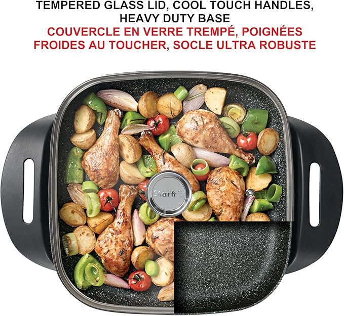 Starfrit The Rock Electric Skillet - 12" x 12" - Rock.Tec Non-Stick Cooking Surface - Tempered Glass Lid - 1200W