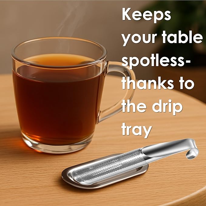 Stainless Steel Tea Infuser Set for Loose Leaf Tea – Durable Food-Grade Strainer with Long Handle, Hook, Drip Tray, and Cleaning Brush, Suitable for Single-Cup Brewing