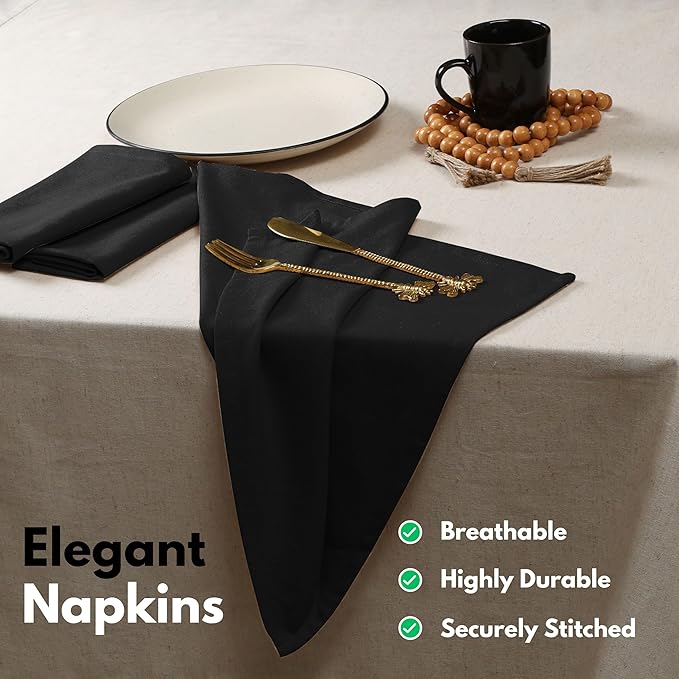 Native Fab Black Cloth Napkins, Set of 4, 17x17 inches, 100% Cotton, Washable, Reusable Fabric Linen, Table Decor Napkins for Dinner, Events, Parties, Wedding - Black