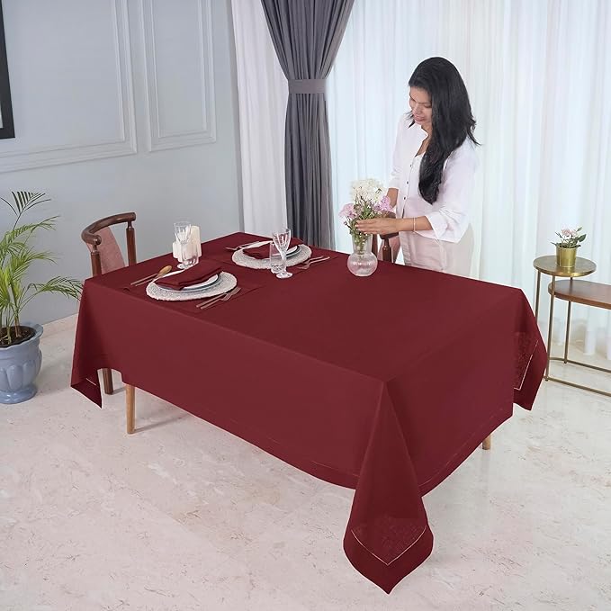 D'Moksha Homes Dark Red Linen Tablecloth 60 x 120 Inch - 100% Pure Linen Hemstitch Tablecloth for Rectangle Tables - Classic Hemstitch, Machine Washable Table Cloth for Valentines, Spring