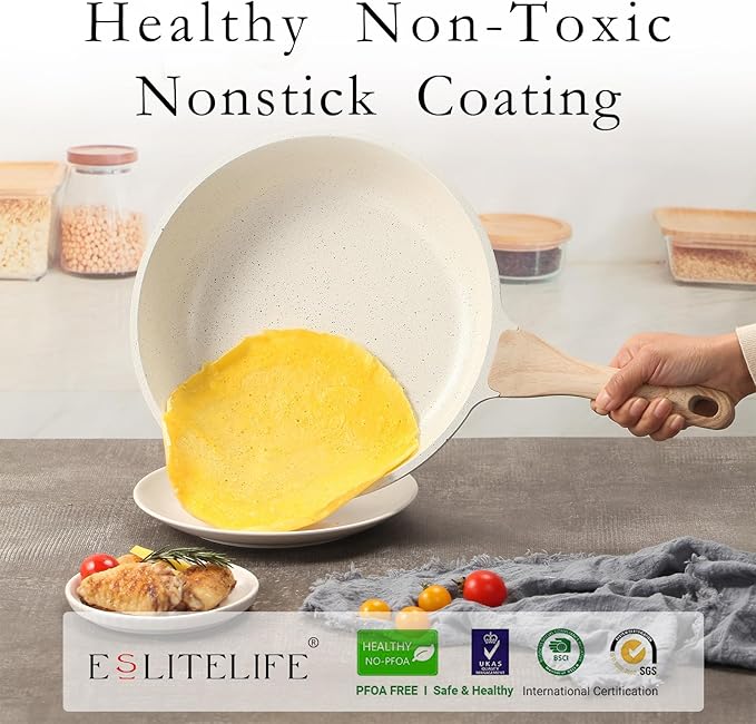 ESLITE LIFE Nonstick Ceramic Frying Pan Skillet, Non-Toxic Egg Omelette Kitchen Cooking Pans Compatible with All Stovetops (Gas, Electric & Induction), PTFE & PFOA Free (White, 11'')