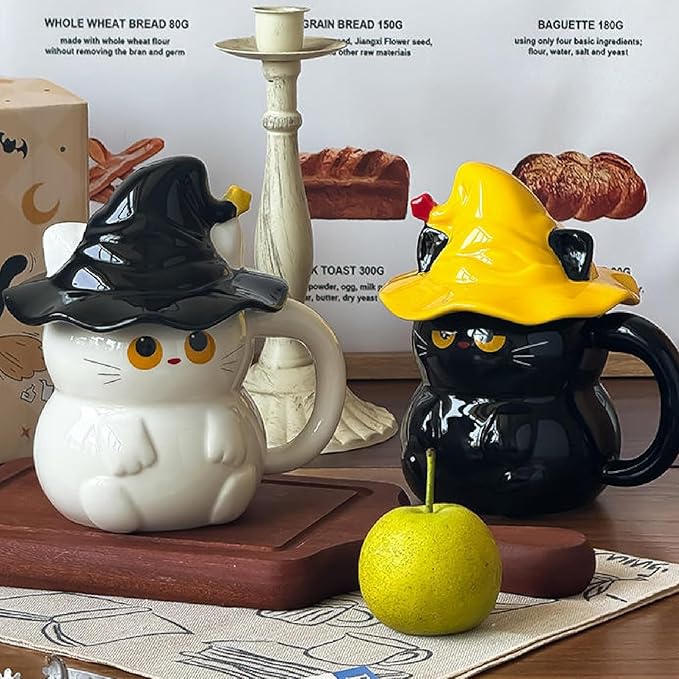Cute Magic Cat Mug, Halloween Cat with Hat Cup, Mugs for Cat Lovers, Ceramic Mug with Lid, Gifts for Adults Kids Women