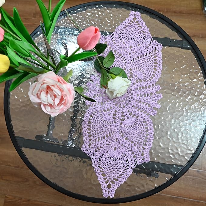 BIBITIME Crochet Lace Table Doilies Eyes Flower Doily Kitchen Vase Place Mats (7 in x 21 in,Pack of 2PCS, Style02-Light Purple)