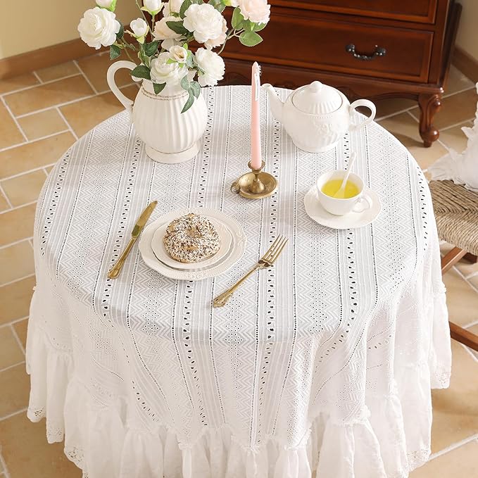 patdrea Vintage White Lace Tablecloth,Design Embroidered Cotton Ruffle Table Cloth for Round Table,Elegant Rustic Fabric Decorations for Wedding Party Thanksgiving Christmas Diameter 71"