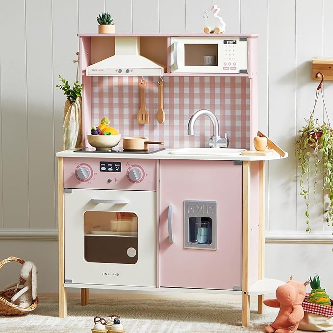 Tiny Land Kids Kitchen Playset, Height Adjustable Wooden Play Kitchen Set w/Real Lights & Sounds, 18 Pcs Toy Food & Cookware Accessories, Ideal Role Play Toy Gift for Toddlers Girls Ages 3-8, Pink