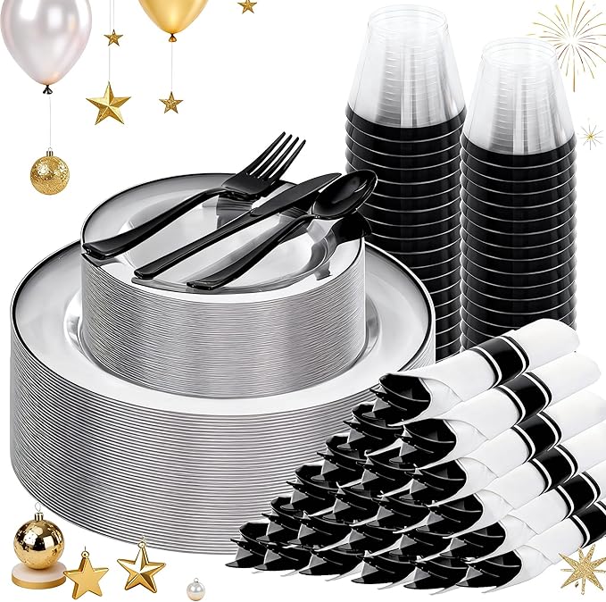 SUT 175 Pcs Black and Clear Plastic Dinnerware Set for 25 Guests, Include: 25 Dinner Plates, 25 Dessert Plates, 25 Pre Rolled Napkins With Silverware, 25 Cups, Disposable Plates for Party