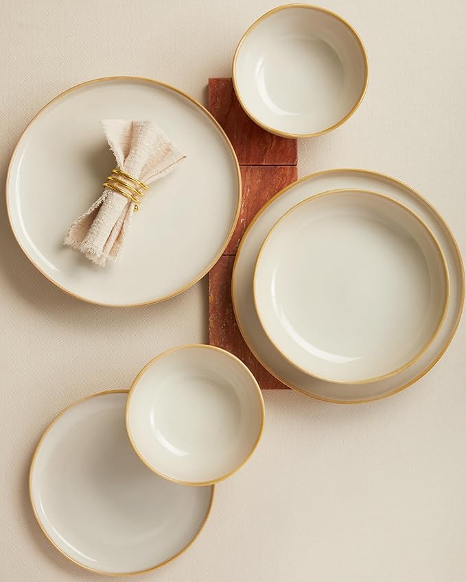 24 Pieces Dinnerware Set for 6 with Pasta Bowls, Complete Ceramic Dish Set, Stackable & Glossy Stoneware Plate and Bowl Set for Effortless Everyday Hosting, Yellow White