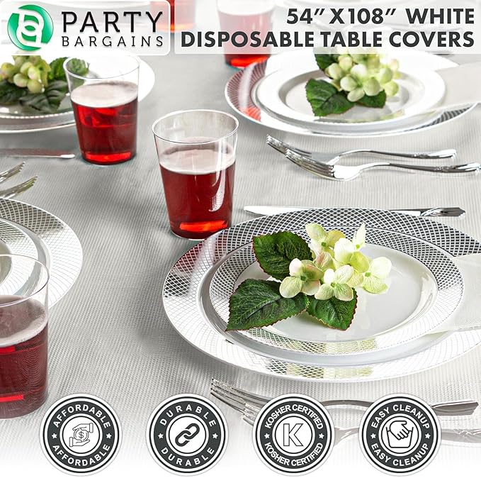 PARTY BARGAINS Disposable Table Covers, 54 x 108 Inch, White, 3-Ply Paper & Plastic Spill-Resistant Party Tablecloths, 5 Pack