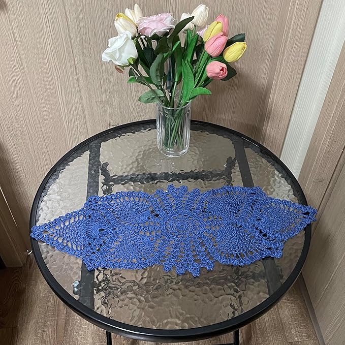 BIBITIME Crochet Lace Table Doilies Eyes Flower Doily Kitchen Vase Place Mats (Navy, 7 in x 21 in,Pack of 1PC)