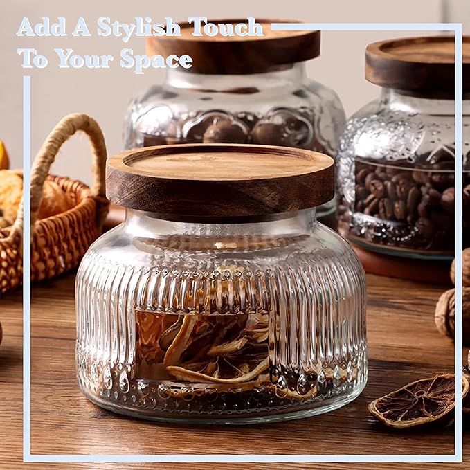 Decorative Glass Jar with Airtight Wooden Lid 40 oz, Ribbed Wide Mouth Vintage Kitchen Food Storage Container for Cookie Candy Honey Flour Spice Coffee Tea, Home Decor Sand Candle Holder Vase