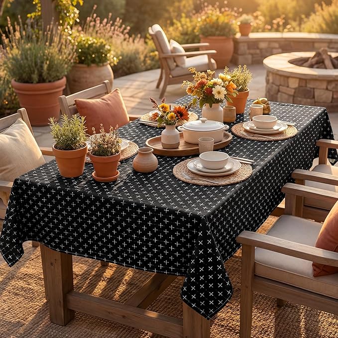 Horaldaily Black Rectangular Table Cloth, Cross-Star Solid Textured Embroidery Tablecloth, Wrinkle Free Washable 52×70 Inch Table Cover for Kitchen, Party, Wedding, Picnic, Outdoor