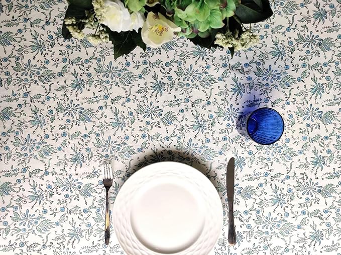 ATOSII Aster Blue 100% Cotton Fall Tablecloth, Handblock Floral Print Rectangle Linen for Kitchen Dining I Parties Weddings Christmas Thanksgiving Easter Outdoors I 72 X 108 Inches I 8 Seater Table